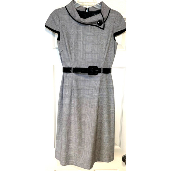 Tahari Arthur S Levine Dress Houndstooth Plaid Sheath Sz 4 Jackie Collar Belted - Picture 1 of 4